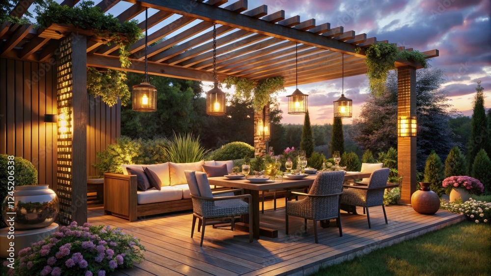 Fototapeta premium Cozy Pergola Dining: Low Light Alfresco Meals & Stylish Outdoor Designs