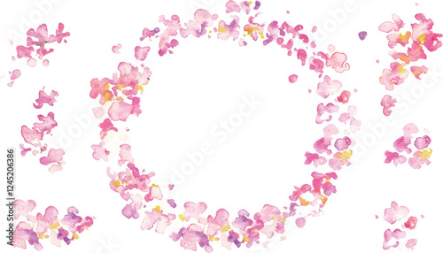 水彩画。水彩タッチの桜の花びら背景。水彩で描いた風に舞う桜の花びら。春の桜背景フレーム。Watercolor painting. Cherry blossom petals background with watercolor touch. Cherry blossom petals dancing in the wind, painted with watercolor. Spring cher