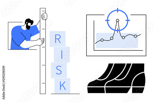 Person measuring risk with vertical blocks, graph with target on changing data, footwear emphasizing safety. Ideal for risk analysis, business strategy, safety protocols, data monitoring, investment