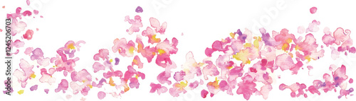 水彩画。水彩タッチの桜の花びら背景。水彩で描いた風に舞う桜の花びら。春の桜背景フレーム。Watercolor painting. Cherry blossom petals background with watercolor touch. Cherry blossom petals dancing in the wind, painted with watercolor. Spring cher