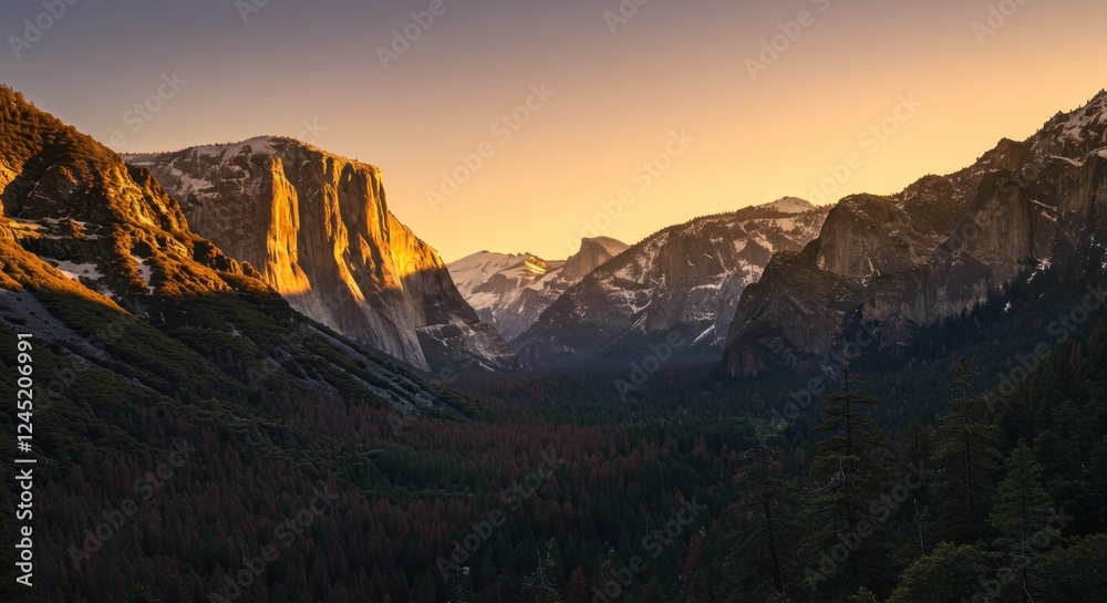 Obraz premium Majestic Yosemite Valley Sunset: A breathtaking panorama of El Capitan and the surrounding mountains bathed in the golden light of the setting sun. An iconic view of nature's grandeur.