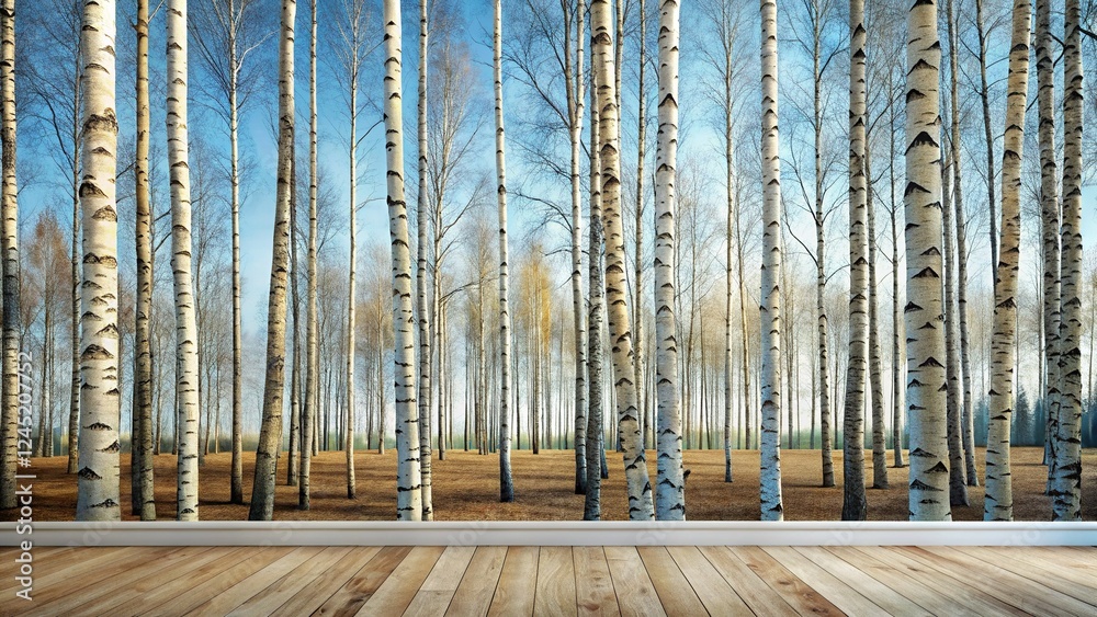 Fototapeta premium Aerial View of Birch Forest Horizon, Textured Wallpaper Background