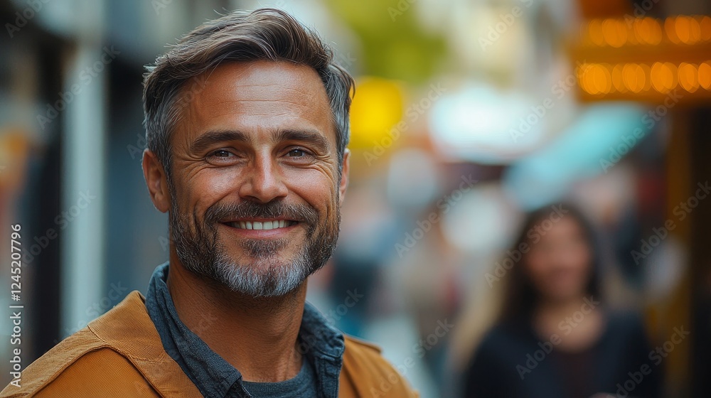 Fototapeta premium Smiling caucasian mature male outdoors in urban setting