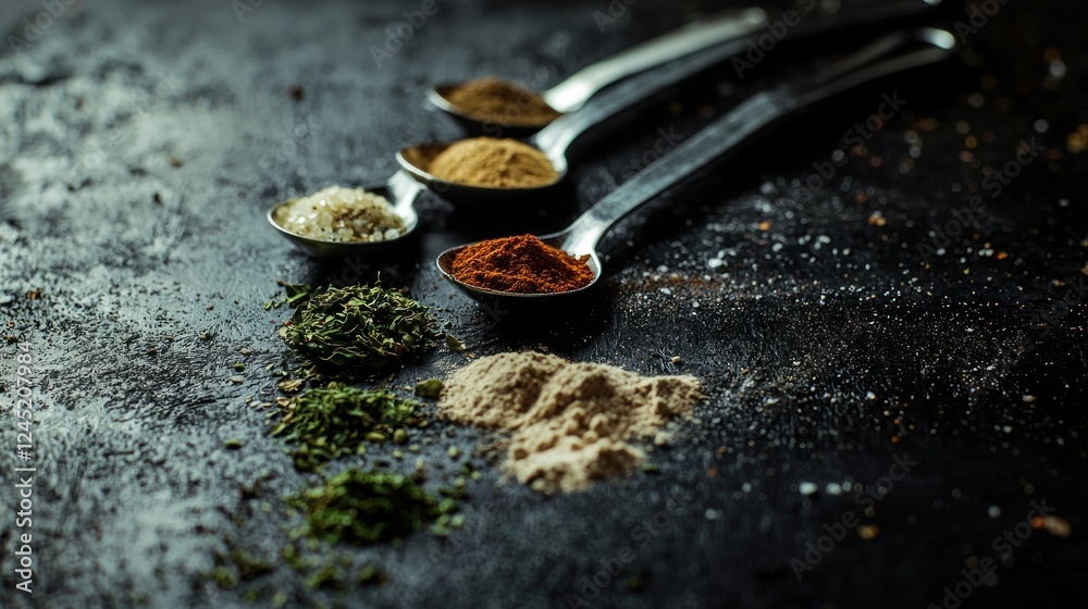 Spoons of various spices and herbs rest on a dark surface Spoons of various spices and herbs rest on a dark surface