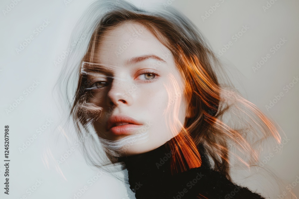 Woman with flowing hair, light streaks, and warm tones. Ideal for fashion, beauty, or artistic projects needing a mysterious, ethereal feel. Woman with flowing hair, light streaks, and warm tones. Ideal for fashion, beauty, or artistic projects needing a mysterious, ethereal feel.