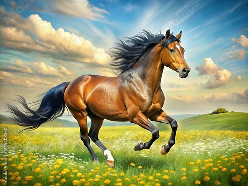 Bay Horse Galloping in Wildflower Meadow - Spring Equestrian Stock Photo