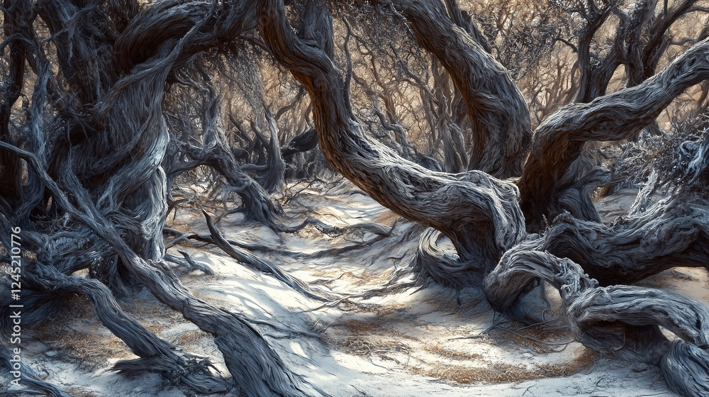 A dark, desolate forest filled with dead trees, twisted and broken branches, an eerie mist swirling around the ground A dark, desolate forest filled with dead trees, twisted and broken branches, an eerie mist swirling around the ground