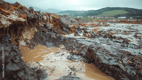 Muddy terrain with slippery clay and murky puddles in a rural landscape