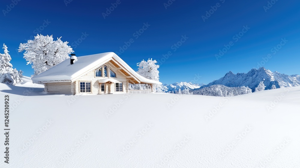 Naklejka premium Snowy chalet in mountains, winter landscape