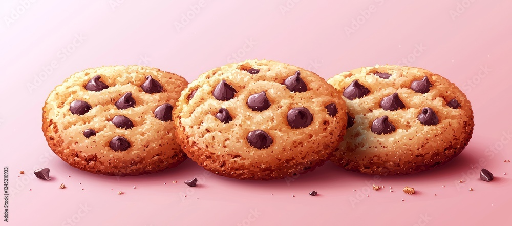 Three chocolate chip cookies on pink background. Food photography for packaging Three chocolate chip cookies on pink background. Food photography for packaging