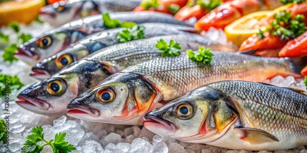 Frozen Sea Bass on Ice - Supermarket Seafood Display - High-Resolution Aerial Photo Frozen Sea Bass on Ice - Supermarket Seafood Display - High-Resolution Aerial Photo