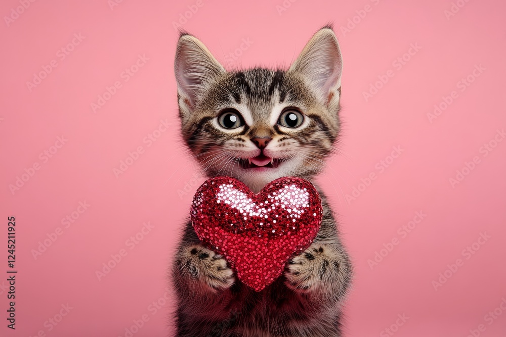 Obraz premium Ocicat - my preferred cat. Cute ocicat young cat with sparkling rhinestones red heart - sign of love, funny greeting card. Promotion idea. Valentine's cat theme. Valentine's love-themed cat.