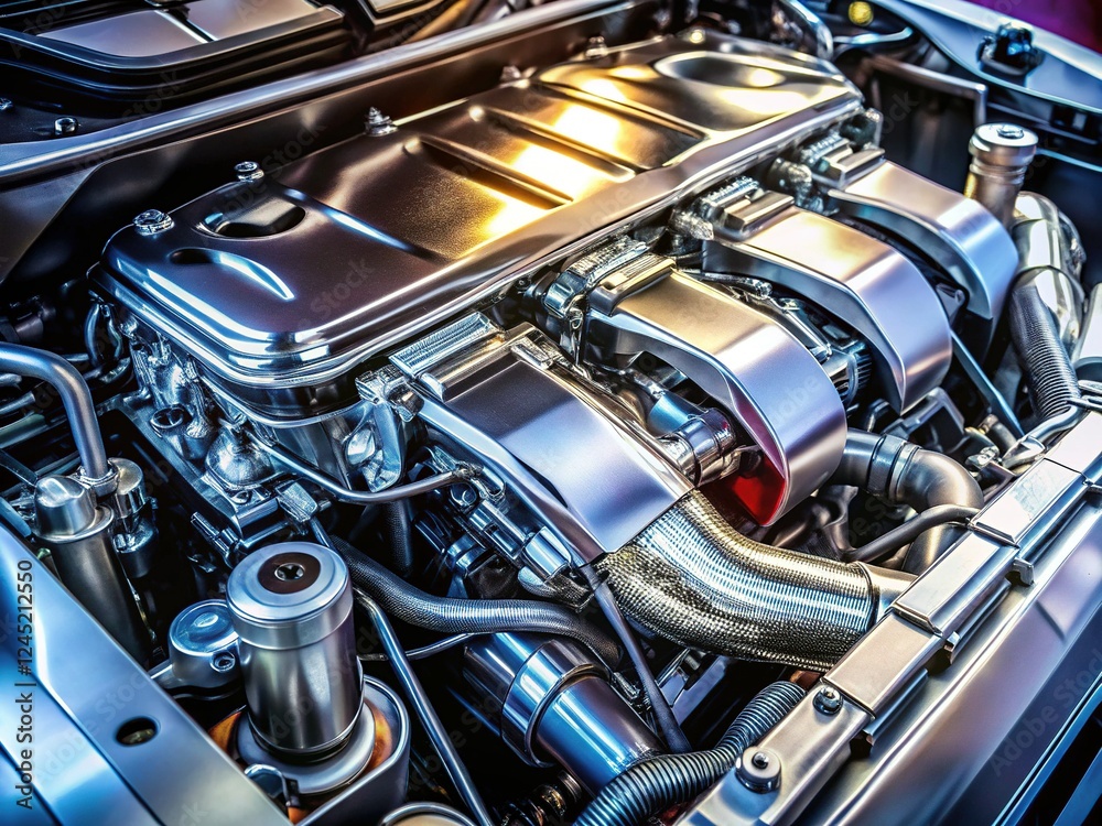 Silhouette of Gleaming High-Tech Car Engine Close-Up - Stock Photo Silhouette of Gleaming High-Tech Car Engine Close-Up - Stock Photo