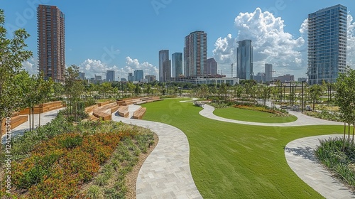 Urban park, cityscape backdrop, sunny day, winding paths, landscaping. Ideal for real estate, tourism