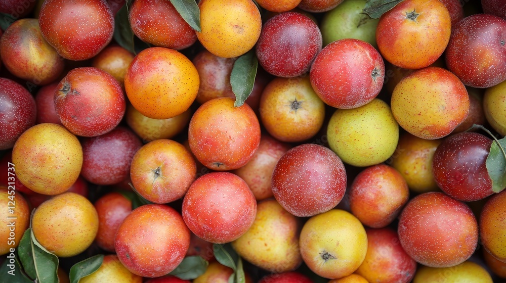 Vibrant array of freshly harvested apples with green leaves Vibrant array of freshly harvested apples with green leaves