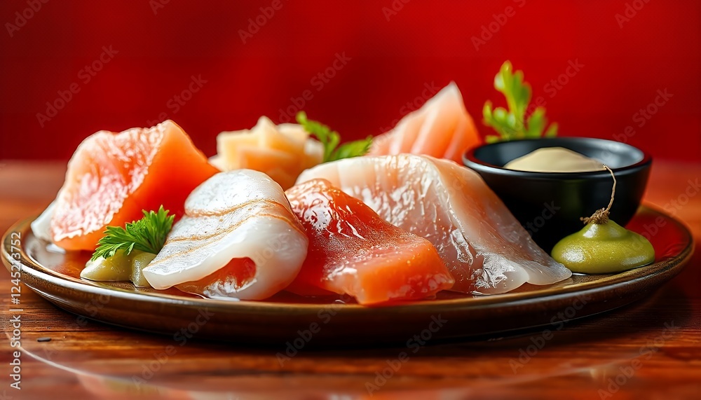 Delicious Salmon Sashimi Platter with Wasabi and Soy Sauce Delicious Salmon Sashimi Platter with Wasabi and Soy Sauce
