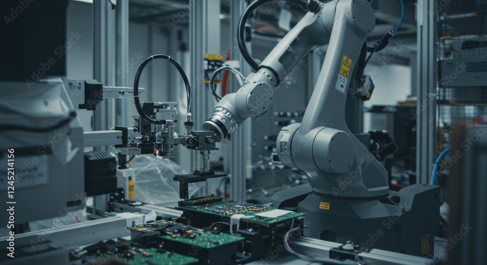 Industrial Robotic Arm Assembling Circuit Boards in a Modern Factory Industrial Robotic Arm Assembling Circuit Boards in a Modern Factory