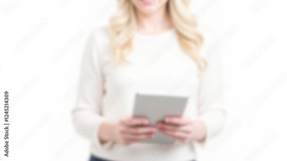 Blurred Woman holding a digital tablet isolated on white background Blurred Woman holding a digital tablet isolated on white background