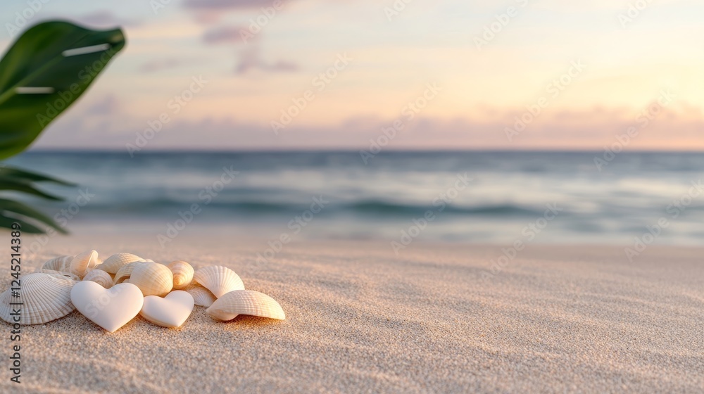 Tranquil Valentine's Beach Scene with Heart-Shaped Seashells on Golden Sand at Dusk, Photorealistic Background Tranquil Valentine's Beach Scene with Heart-Shaped Seashells on Golden Sand at Dusk, Photorealistic Background