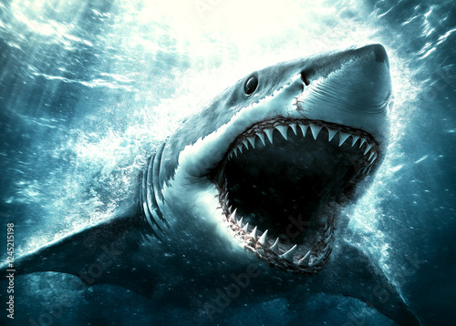 A shark is shown with its mouth wide open, surrounded by water. Concept of danger and fear, as the shark's menacing appearance