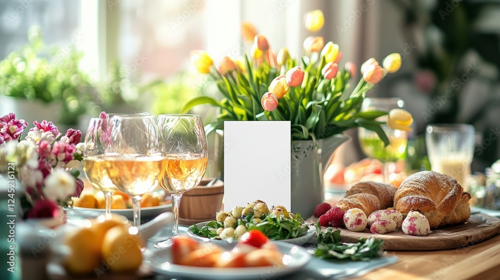 blank white menu card mockup placed on a brunch table during a party, a festive and fresh atmosphere, perfect for a spring gathering or celebration. blank white menu card mockup placed on a brunch table during a party, a festive and fresh atmosphere, perfect for a spring gathering or celebration.