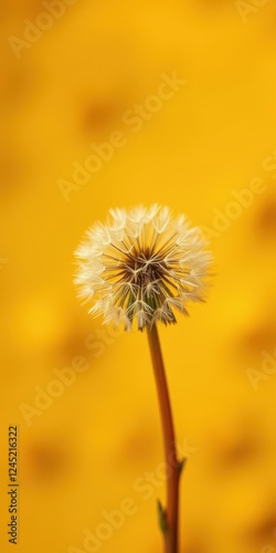 Dandelion puff against vibrant yellow background capturing a moment of nature's beauty photo