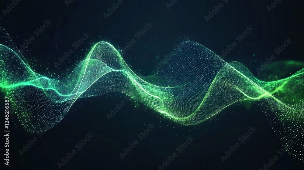 Fototapeta premium Abstract green wave of particles on dark background. Ideal for tech, music, or nature projects needing a flowing, dynamic element.