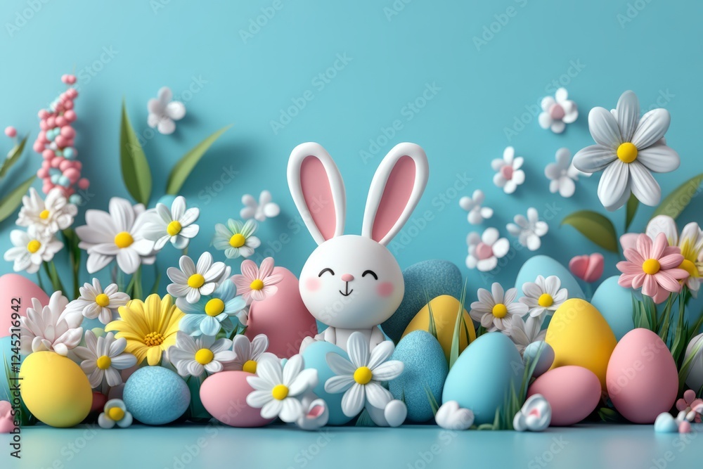 Obraz premium Adorable Easter Bunny Surrounded By Pastel Eggs And Spring Flowers.