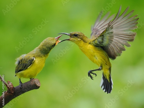 A captivating close-up shot of a Garden Sunbird (Cinnyris jugularis) feeding its juvenile chick in the nest photo