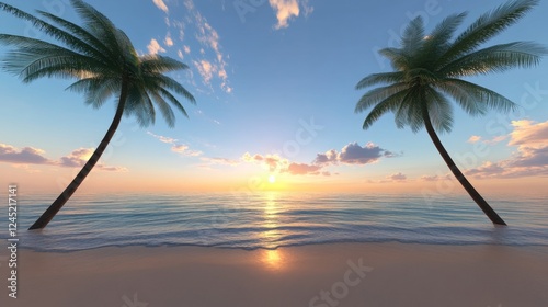 Serene Sunset on Tropical Beach Two Palm Trees Frame Golden Hour Ocean View