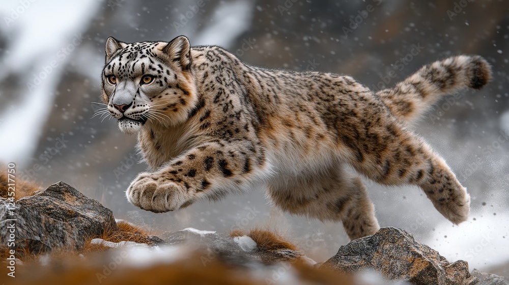 Fototapeta premium Snow leopard leaping in mountainous terrain during snowfall