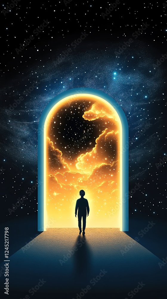 Fototapeta premium A silhouette stands before a glowing portal.