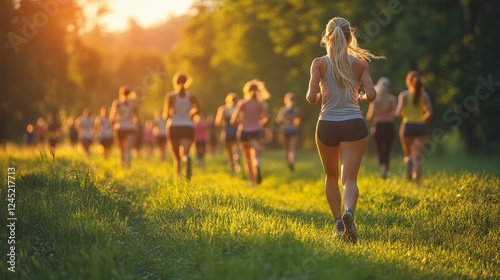 Fototapeta Naklejka Na Ścianę i Meble -  Group of women jogging through a sunlit park