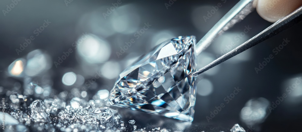 A large, flawless diamond is held by tweezers above a bed of smaller diamonds. A large, flawless diamond is held by tweezers above a bed of smaller diamonds.
