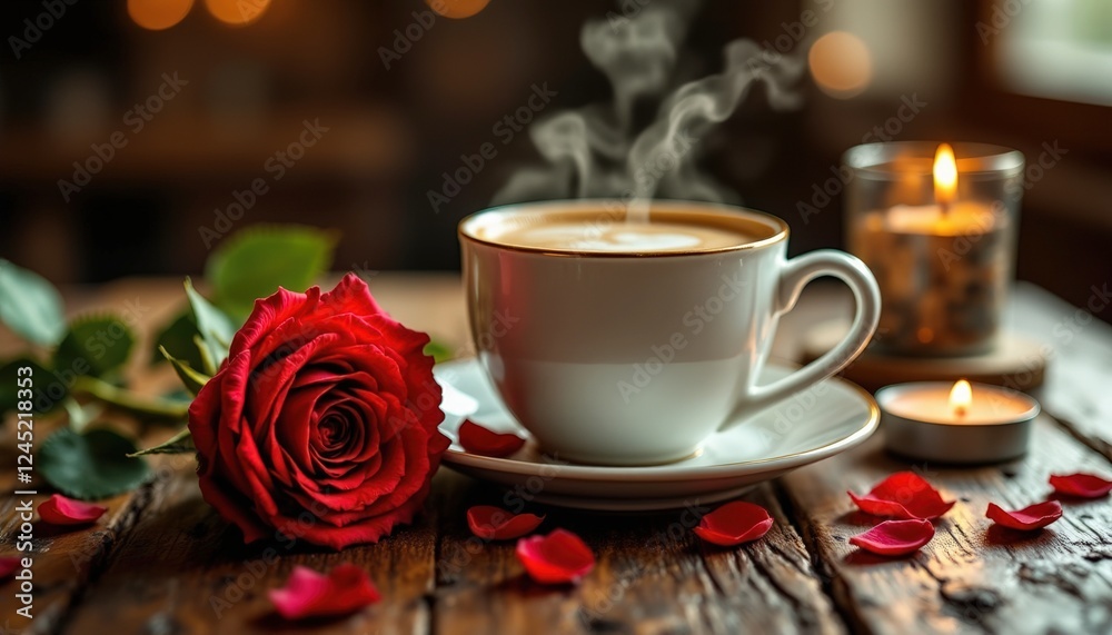 Obraz premium Steaming cup of coffee with red rose and candlelight creating romantic setting on rustic wooden table in cozy café perfect for café owners, florists, and event planning companies