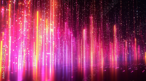 Vibrant vertical light streams creating a mesmerizing display with hues of pink and purple against a dark background, conveying a sense of energy and movement.