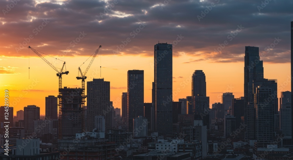 Obraz premium Sunset Silhouette of a City Under Construction