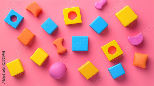 childrena??s education concept with basic shapes and vibrant learning tools on pink background photo