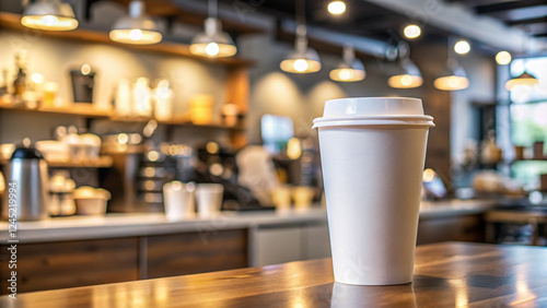 White Disposable Coffee Cup on Wooden Counter in Cafe Setting