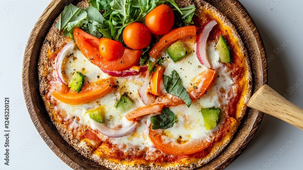 Overhead Shot of a Rustic Pizza with Fresh Tomatoes, Mozzarella, and Avocado Overhead Shot of a Rustic Pizza with Fresh Tomatoes, Mozzarella, and Avocado