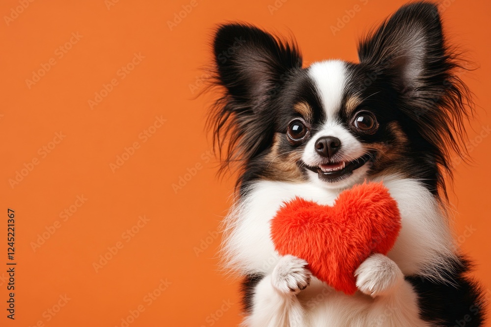 Cute papillon doggy with fluffy red heart - sign of love, funny greeting card. Commercial visual idea. Papillon - my desired dog. Romantic valentine's day pet photos. Valentine's dog love. Cute papillon doggy with fluffy red heart - sign of love, funny greeting card. Commercial visual idea. Papillon - my desired dog. Romantic valentine's day pet photos. Valentine's dog love.
