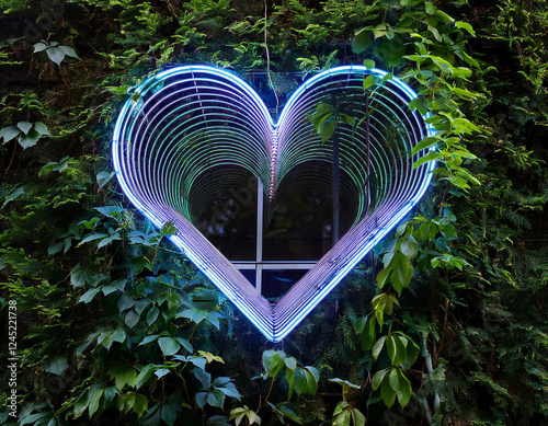 Luz neon de corazón en fondo verde plantas trepadoras