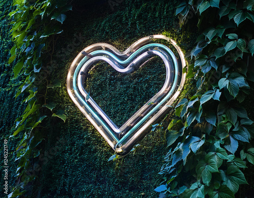 Luz neon de corazón en fondo verde plantas trepadoras