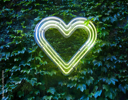 Luz neon de corazón en fondo verde plantas trepadoras