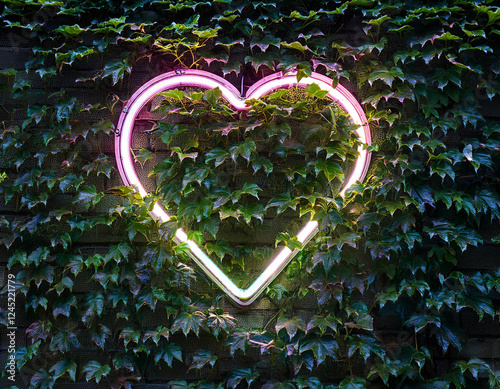 Luz neon de corazón rosa en fondo verde plantas trepadoras