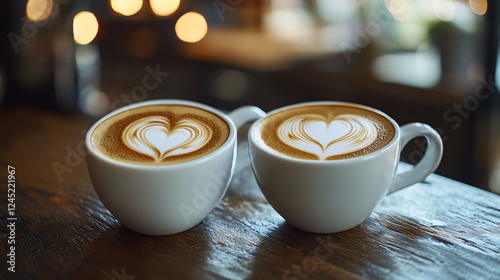 Two cups of latte art with heart shapes on a wooden table in a cozy coffee shop. photo