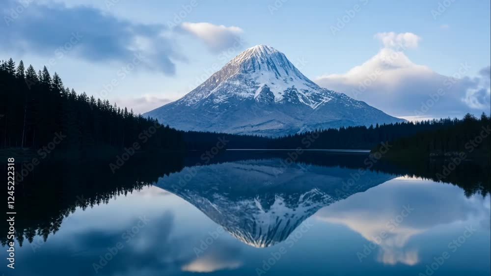 Majestic Snow-Capped Mountain Reflected in Serene Lake Surrounded by Lush Green Forests Under a Clear Blue Sky During Golden Hour Majestic Snow-Capped Mountain Reflected in Serene Lake Surrounded by Lush Green Forests Under a Clear Blue Sky During Golden Hour