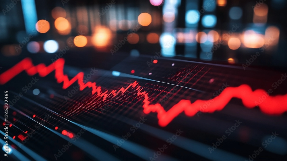 A stock market graph with a sharp decline displayed in red against city lights in a dark background A stock market graph with a sharp decline displayed in red against city lights in a dark background