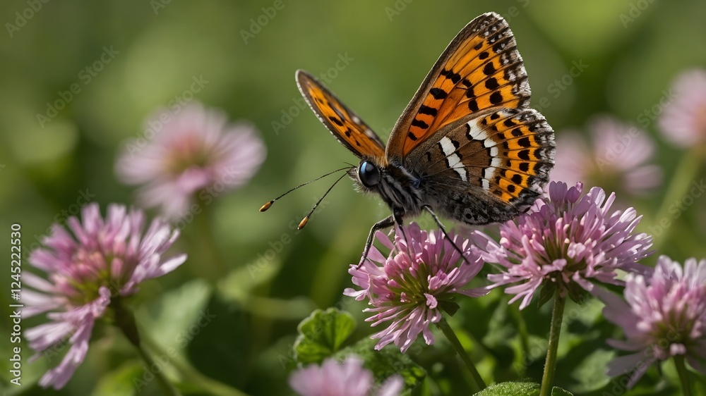 Obraz premium Sun-Drenched Bliss: Lunge’s Metal mark Butterfly Among Clover Blossoms