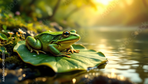 Green Frog Resting On Lily Pad Near Water photo